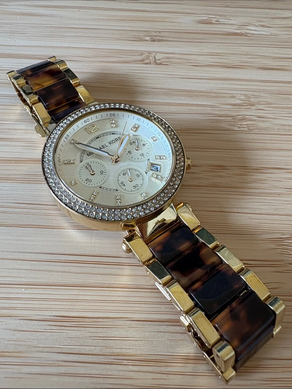 Michael Kors Gold and Tortoiseshell Link Crystal-Accent Women's Watch